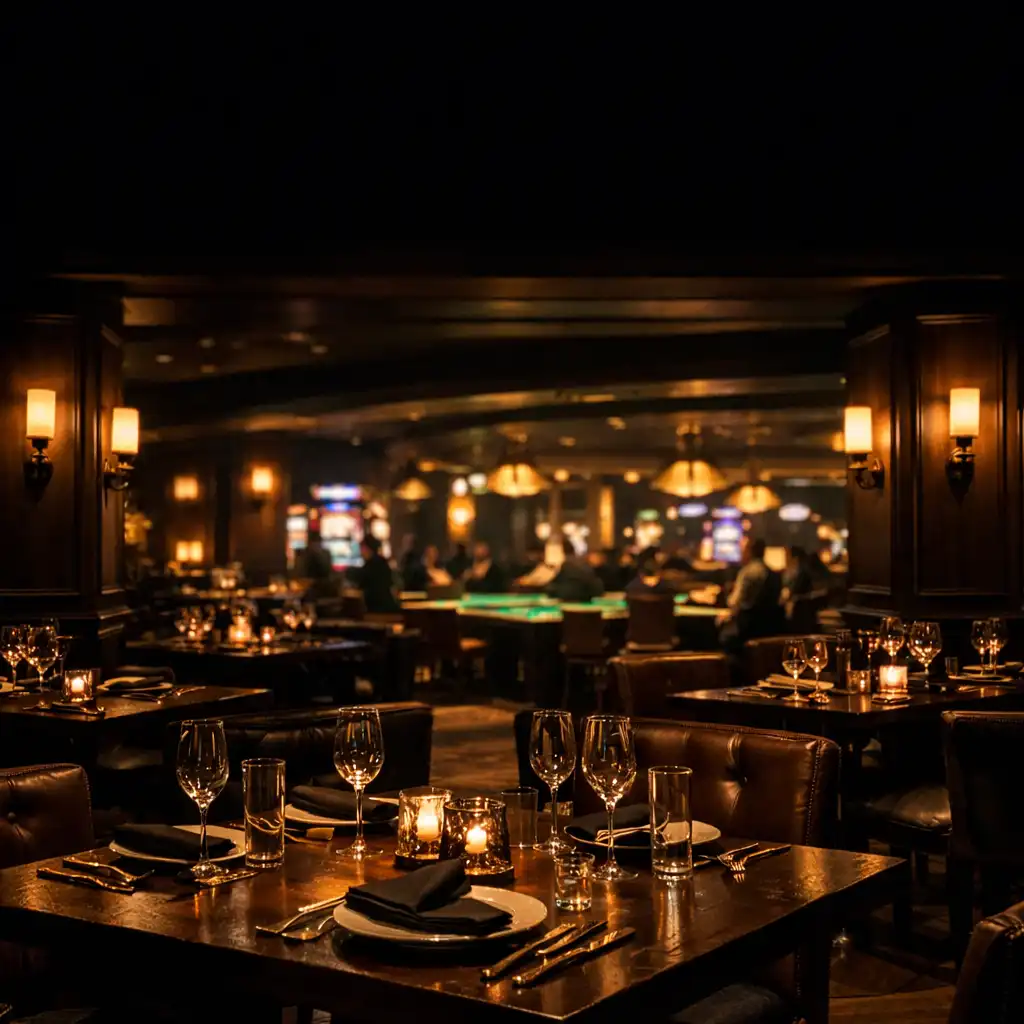 Elegancka sala restauracyjna Xovuqera z ciemnym drewnem, złotymi akcentami i subtelnym blaskiem salonu kasyna w tle