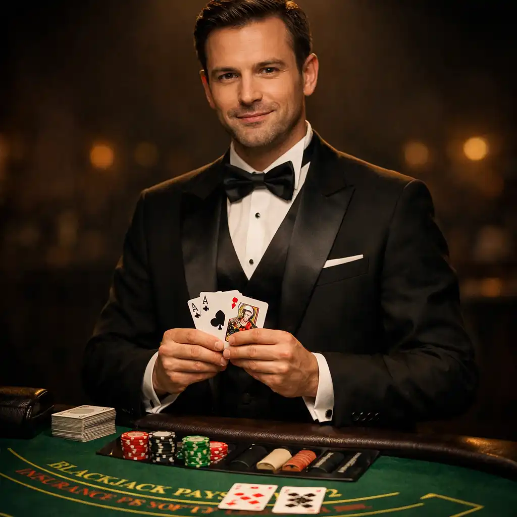 Profesjonalny krupier w eleganckim stroju stojący przy stole do blackjacka