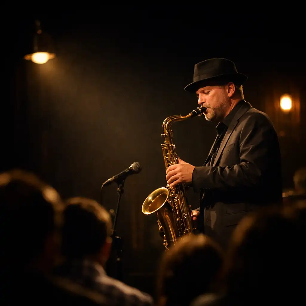 Muzyk jazzowy grający na saksofonie na małej scenie w nastrojowym świetle